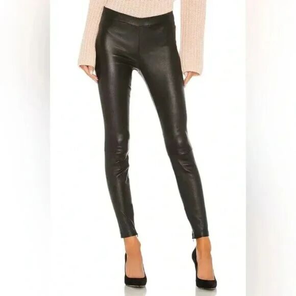 Vince 100% Genuine Leather Zip Leggings - Black - Size M